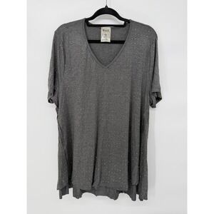 Vocal Womens Grey Rhinestone Embellished V Neck Short Sleeve Tunic Top Plus Size